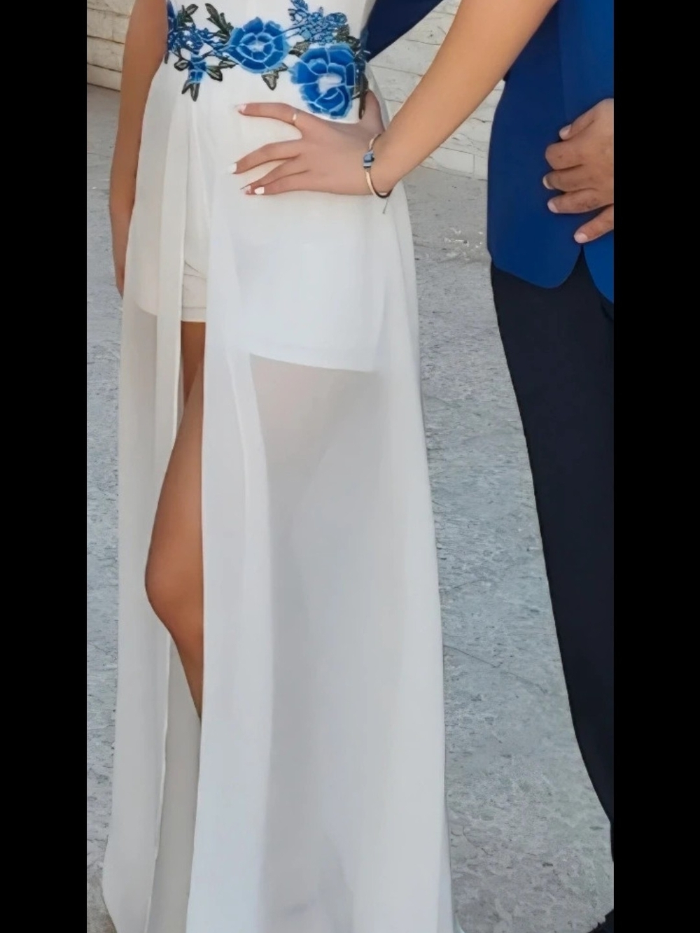 B Darlin White High-Low Chiffon Dress with Blue Floral Waist Appliqué